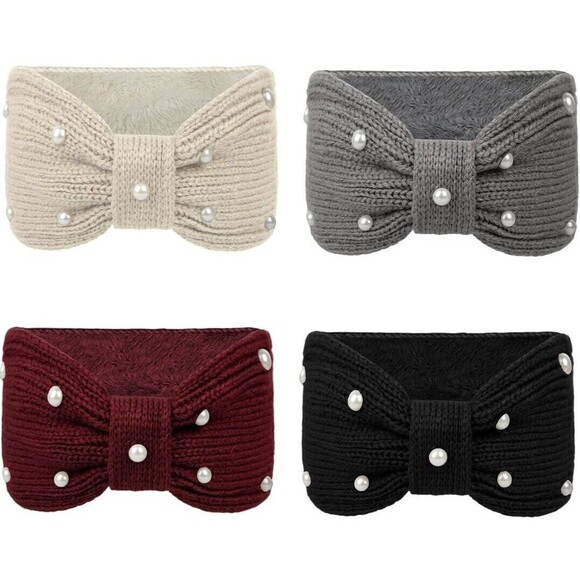 4 Pcs Winter Plush Fleece Knit Headbands for Women Elastic Bow Pearl Headwear - Picture 2 of 5
